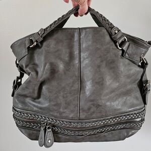 Gray Casual Shoulder Bag with Textured Leather